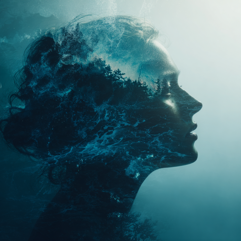 Frauenprofil, verschmolzen mit Meer und Wald